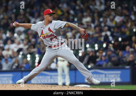 MILWAUKEE, WI - APRIL 14: St. Louis Cardinals starting pitcher Adam  Wainwright (50) waits for a sign during a game between the Milwaukee  Brewers and the St. Louis Cardinals at American Family