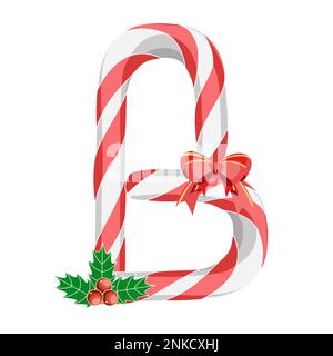 Letter B in Christmas candy canes with decorations vector illustration Stock Vector