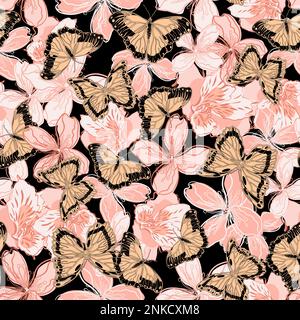 Seamless floral pattern with butterflies and alstroemeria flowers vector illustration Stock Vector