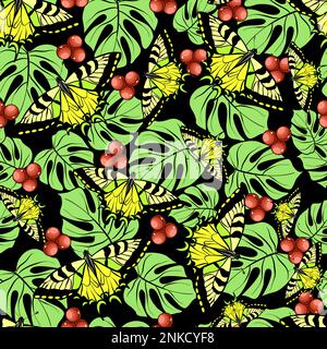 Seamless floral pattern with tiger swallowtail butterflies and monstera leaves with holly berries vector illustration Stock Vector