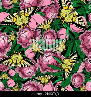 Seamless floral pattern with butterflies in peonies vector illustration Stock Vector