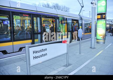 Luas tram at platform outside Heuston station, Dublin, Ireland. Stock Photo