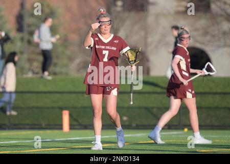 ALLSTON, MA - APRIL 12: Boston College Eagles attacker Caitlynn Mossman (7)  reacts during a women's college lacrosse game between the Boston College  Eagles and Harvard Crimson on April 12, 2022 at