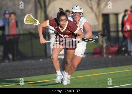 ALLSTON, MA - APRIL 12: Boston College Eagles attacker Caitlynn Mossman (7)  reacts during a women's college lacrosse game between the Boston College  Eagles and Harvard Crimson on April 12, 2022 at