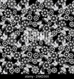 Seamless pattern with butterflies and snowflakes in doodle technique Stock Vector