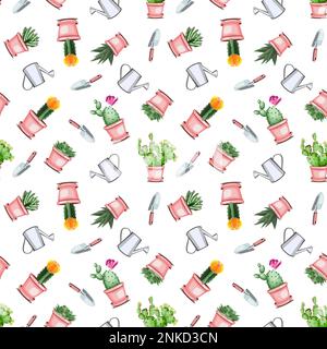 Seamless floral pattern with cactuses, succulents, and garden equipment vector illustration Stock Vector