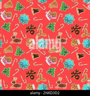 Seamless holiday pattern with gingerbread cookies and Christmas candy canes vector illustration Stock Vector