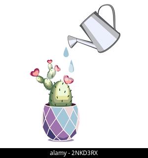 Blossom cactus with hearts in the ceramic pot and watering can vector illustration Stock Vector