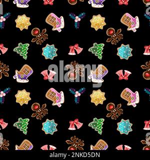 Seamless holiday pattern with gingerbread and bells vector illustration Stock Vector