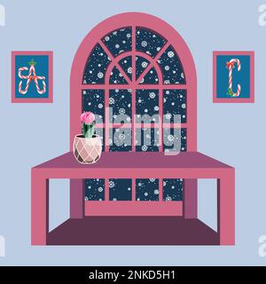 Room with a snowy window, a table and moon cactus in a ceramic pot vector illustration Stock Vector