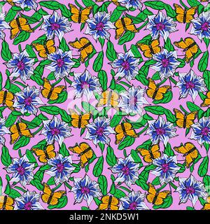 Seamless floral pattern with exotic flowers and monarch butterflies vector illustration Stock Vector