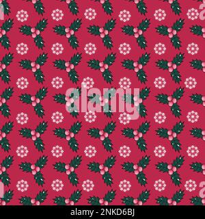 Seamless holiday pattern with snowflakes and holly berries on magenta background vector illustration Stock Vector