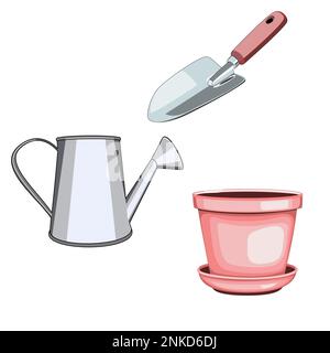 Watering can, shovel and flower pot in flat technique vector illustration Stock Vector