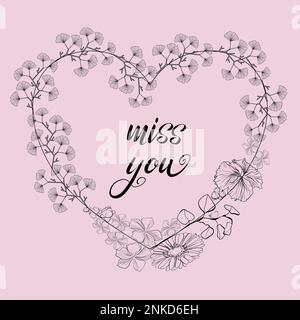 Miss you vector illustration with heart and floral decoration ornament around, in doodle technique on a pink background Stock Vector