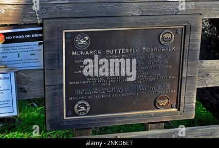 Monarch Trail Boardwalk plaque at the Natural Bridges State Beach monarch butterfly trail entrance Santa Cruz, California Stock Photo