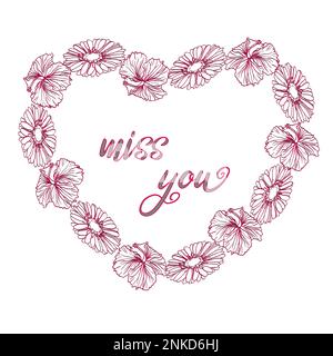 Vector illustration with floral frame with gerbera and hibiscus and text inside on a white background Stock Vector