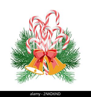 Christmas decoration with Candy canes, Christmas tree branches and bells with bow vector illustration Stock Vector
