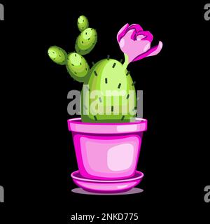 Blossom cactus with pink flower in ceramic pot in flat technique vector illustration Stock Vector