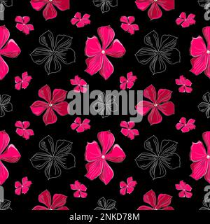 Seamless vector floral pattern with pink flowers in doodle technique on a black background Stock Vector