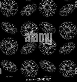 Seamless vector floral pattern with flowers of gerbera on a black background in doodle technique Stock Vector