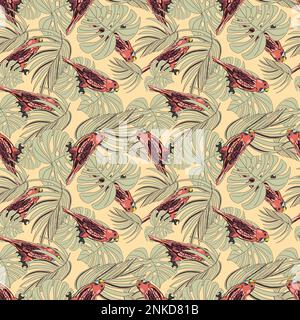 Parrots in tropical leaves seamless botanical pattern vector illustration Stock Vector