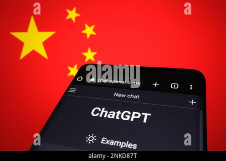ChatGPT chat bot screen seen on smartphone and laptop display with Chat GPT login screen on the background. A new AI chatbot by OpenAI. Stafford, Unit Stock Photo
