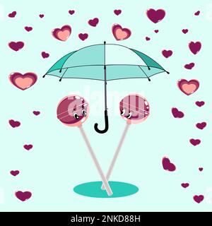 A couple of lollipops under umbrella and rain hearts vector illustration Stock Vector