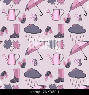 Seamless pattern with autumn accessories, mushrooms, acorns and leaves vector illustration Stock Vector