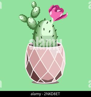 Blossom cactus in ceramic pot in flat technique vector illustration Stock Vector