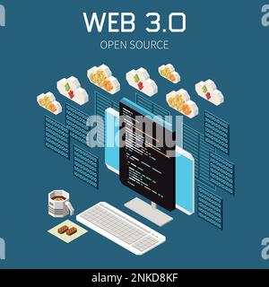Web 3.0 technology isometric concept with open source symbols vector illustration Stock Vector