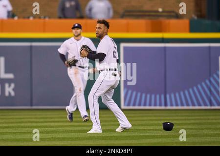 Denver CO, USA. 11th Apr, 2022. Detroit center fielder Victor Reyes (22) in  action during the game with Los Angeles Dodgers and Colorado Rockies held  at Coors Field in Denver Co. David