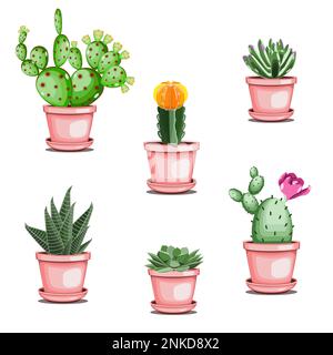 Set of cactuses and succulents in ceramic pots in flat technique vector illustration Stock Vector