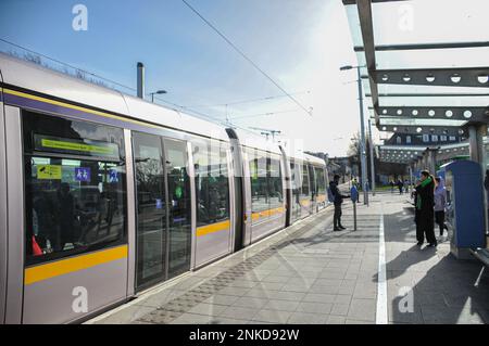 Luas tram at platform outside Heuston station, Dublin, Ireland. Stock Photo