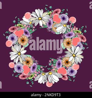 Holiday wreath with flowers, eucalyptus leaves, lollipops and hearts vector illustration Stock Vector