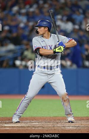 TORONTO, ON - APRIL 08: Texas Rangers third baseman Andy Ibanez (77) at bat  during the first inning of an MLB baseball game against the Toronto Blue  Jays on April 8, 2022