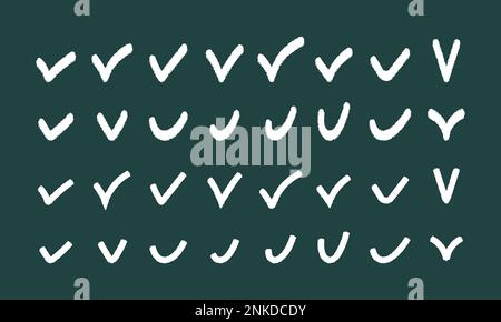 Vector icon set of white hand-drawn check marks on an isolated green background. Stock Vector