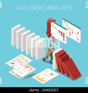 Anti-crisis measures isometric concept with businessman trying to manage business problems vector illustration Stock Vector