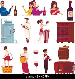 Wine cartoon icons set with production and drinking scenes isolated vector illustration Stock Vector