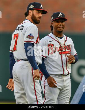 ATLANTA, GA – APRIL 07: The glove and cap of Atlanta shortstop