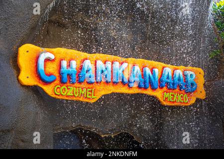 The sign greeting visitors as they enter Chankanaab Adventure Park, Cozumel, Mexico. Stock Photo