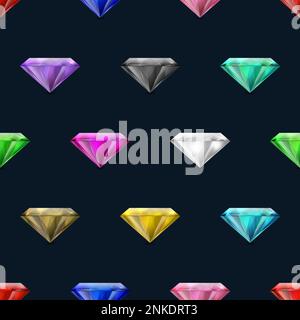 Vector Seamless Pattern with Multi Colored 3d Realistic Transparent Triangle Glowing Gemstones, Diamonds, Crystals, Rhinestones Closeup on Black Stock Vector