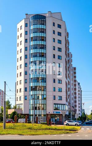 Warsaw, Poland - June 26, 2022: Large scale modernistic residential building with office and services functions at Woronicza and Modzelewskiego street Stock Photo