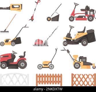 Lawn mower and grass cutters cartoon icons set isolated vector illustration Stock Vector