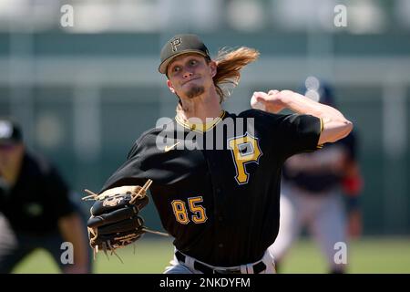 Pittsburgh Pirates pitcher Mitchell Miller (85) during a MiLB Spring  Training game against the Atlanta Braves on March 28, 2022 at Pirate City  in Bradenton, Florida. (Mike Janes/Four Seam Images via AP
