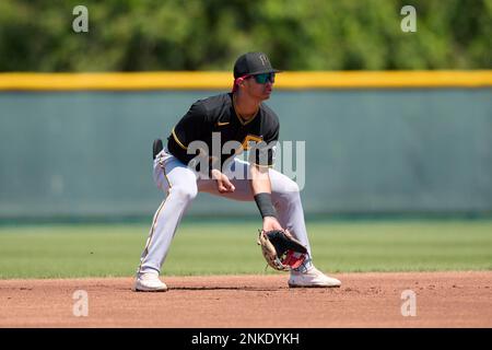 Pittsburgh Pirates Endy Rodriguez (25) bats during a spring training  baseball game against the Philadelphia Phillies on February 27, 2023 at  LECOM Park in Bradenton, Florida. (Mike Janes/Four Seam Images via AP