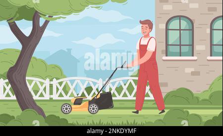 Lawn mowing cartoon poster with male worker cutting grass vector illustration Stock Vector