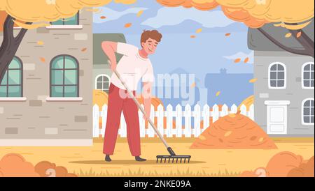 Grass mowing cartoon poster with male in autumn backyard raking leaves vector illustration Stock Vector