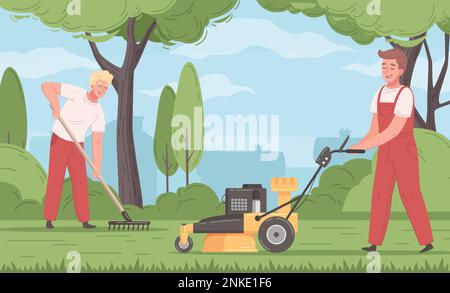 Lawn mowing cartoon with male workers cutting grass vector illustration Stock Vector