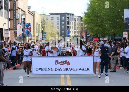 April 07, 2022: The MLB 2022 Opening Week logo is displayed below home  plate before the start of a MLB game between the Cincinnati Reds and  Atlanta Braves at Truist Park in