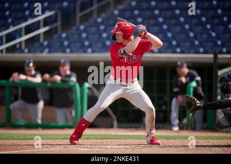 FCL Phillies Jordan Viars (33) bats during a Florida Complex League  baseball game against the FCL Tigers on August 5, 2022 at the Carpenter  Complex in Clearwater, Florida. (Mike Janes/Four Seam Images